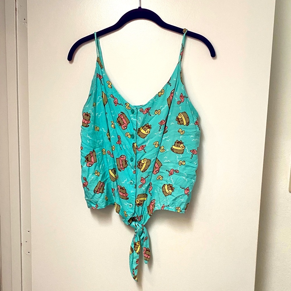Pusheen pool theme tie off button front crop tank with adjustable straps XL